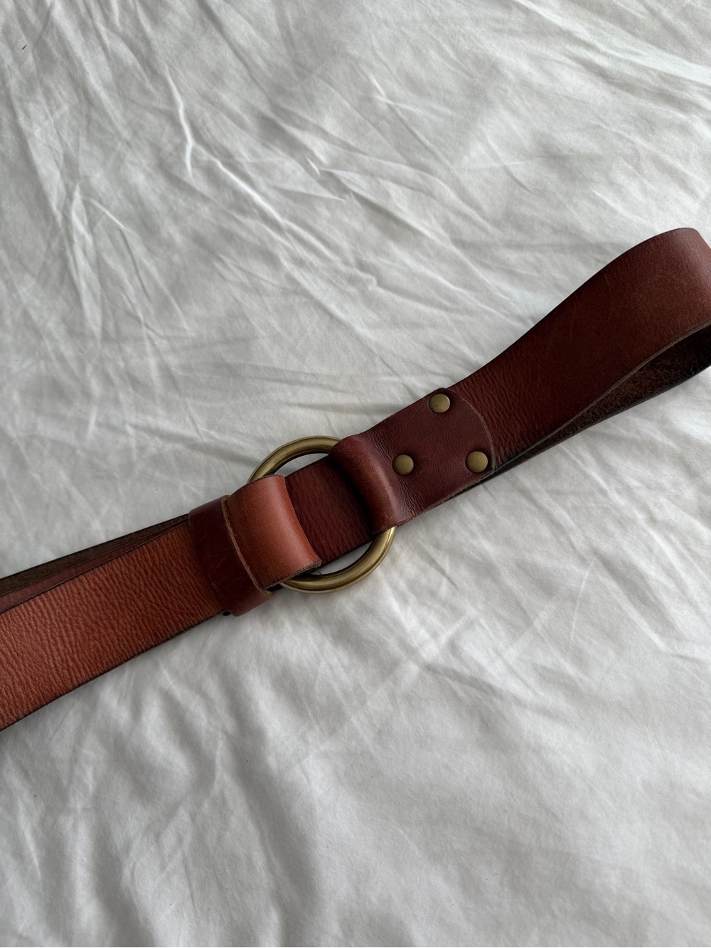 Lands End Genuine Brown Leather Belt with Brass Ring Hardware - Picture 2 of 10